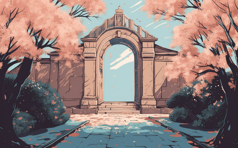 欧式建筑围墙大门小路树木落叶光影,插画/手绘图,插画/手绘图库,插画/手绘图下载,插画/手绘